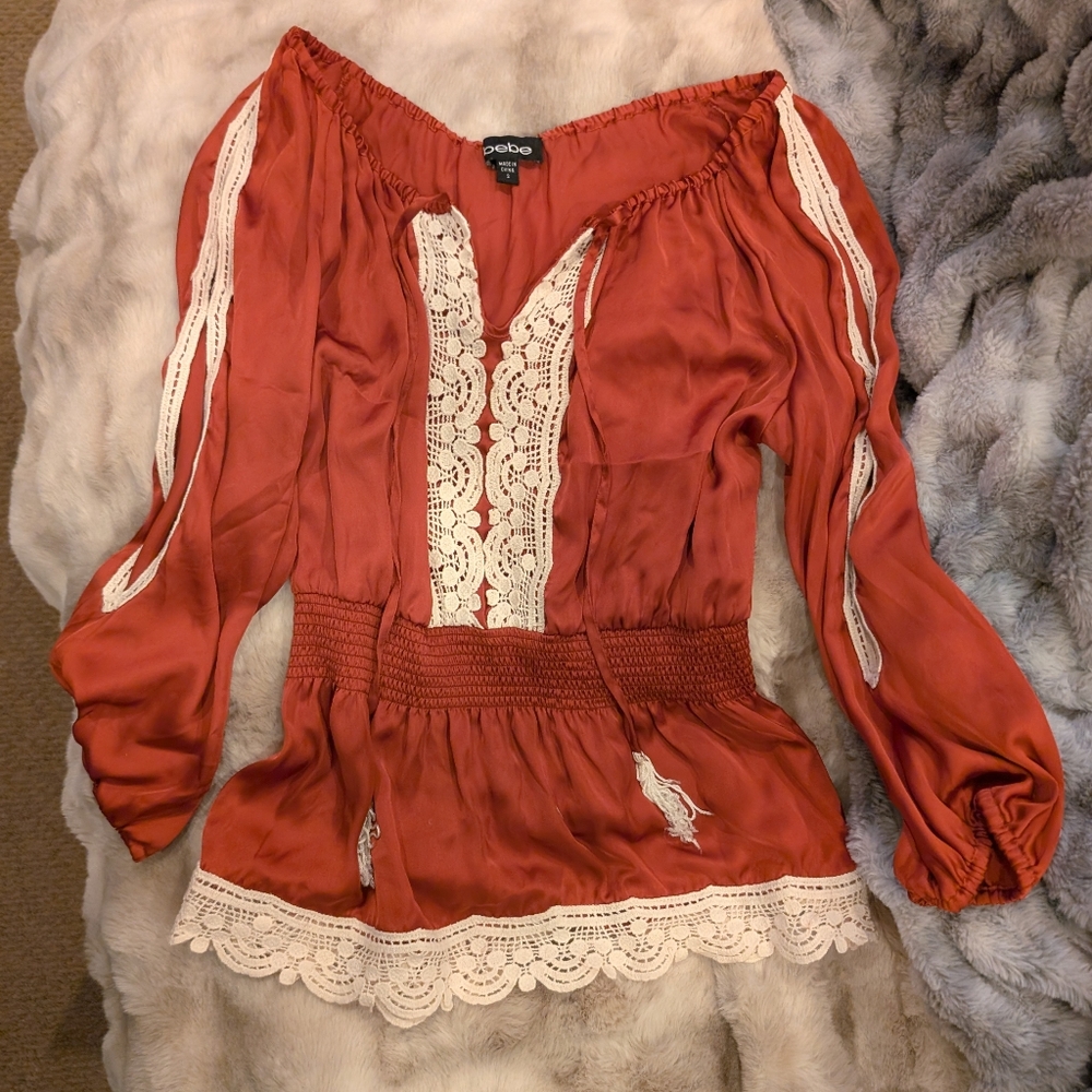 Vintage Bebe Women's Satin Crochet Lace Trim Peplum Rust Size S